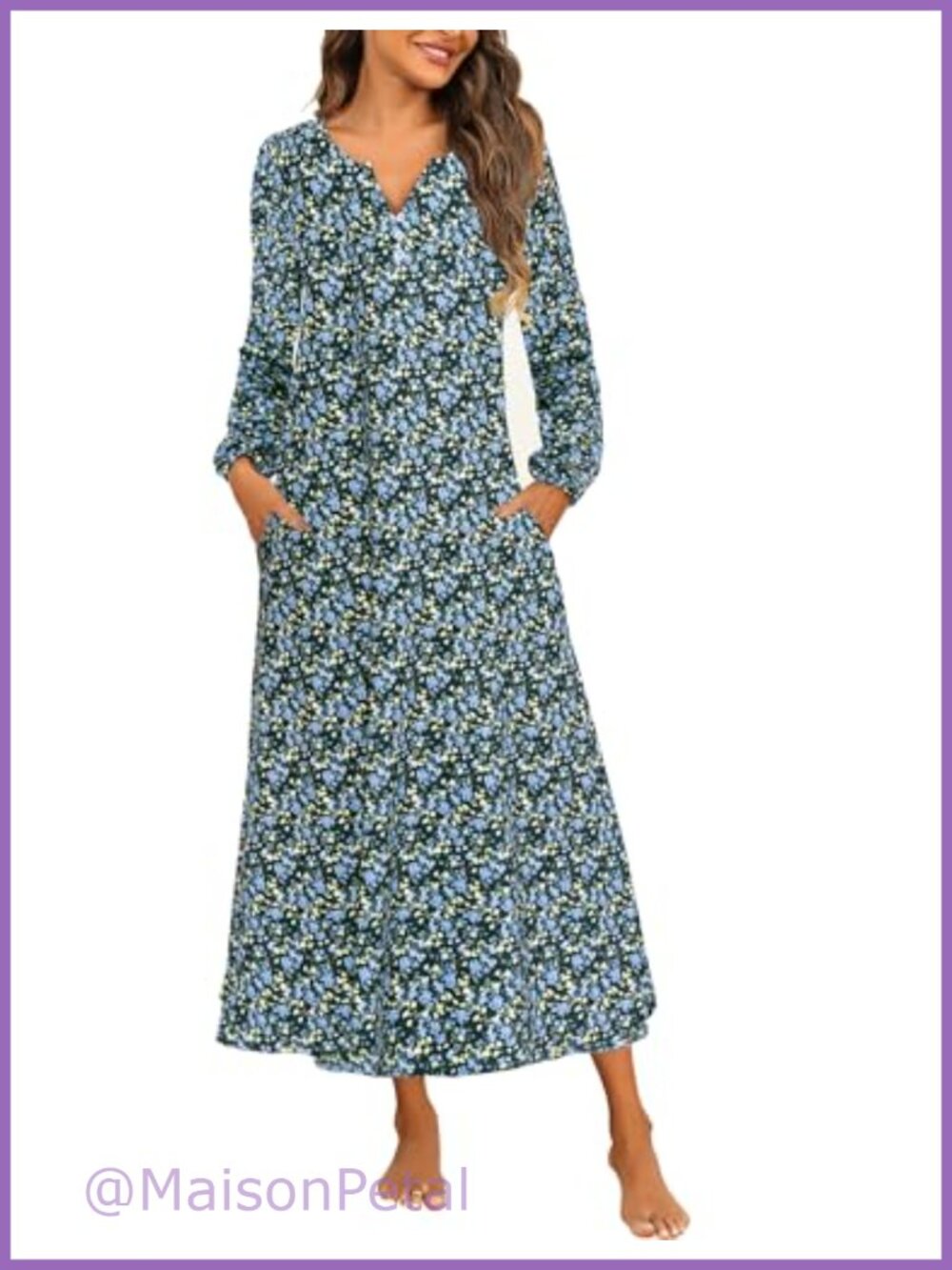 Womens Cotton Long Sleeve Nightgown Full Length Henley Sleep Dress Pockets